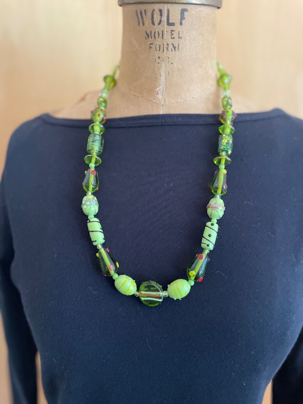 Venetian Lampwork Artless Bead Necklace - "Green Glory"